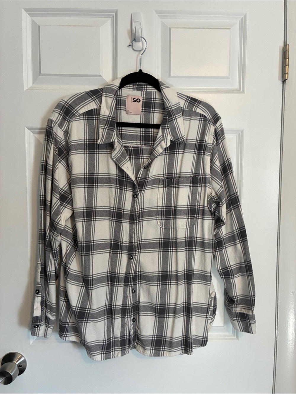 SO Women’s  White and Grey Plaid Casual Button-Down Shirt